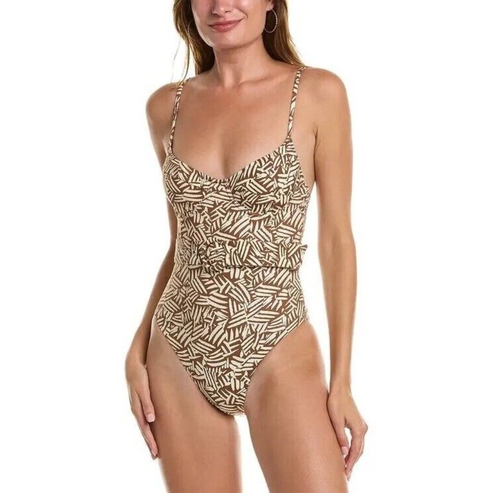 SIMKHAI Noa Swimsuit Palm Leaf Coffee Print One Piece